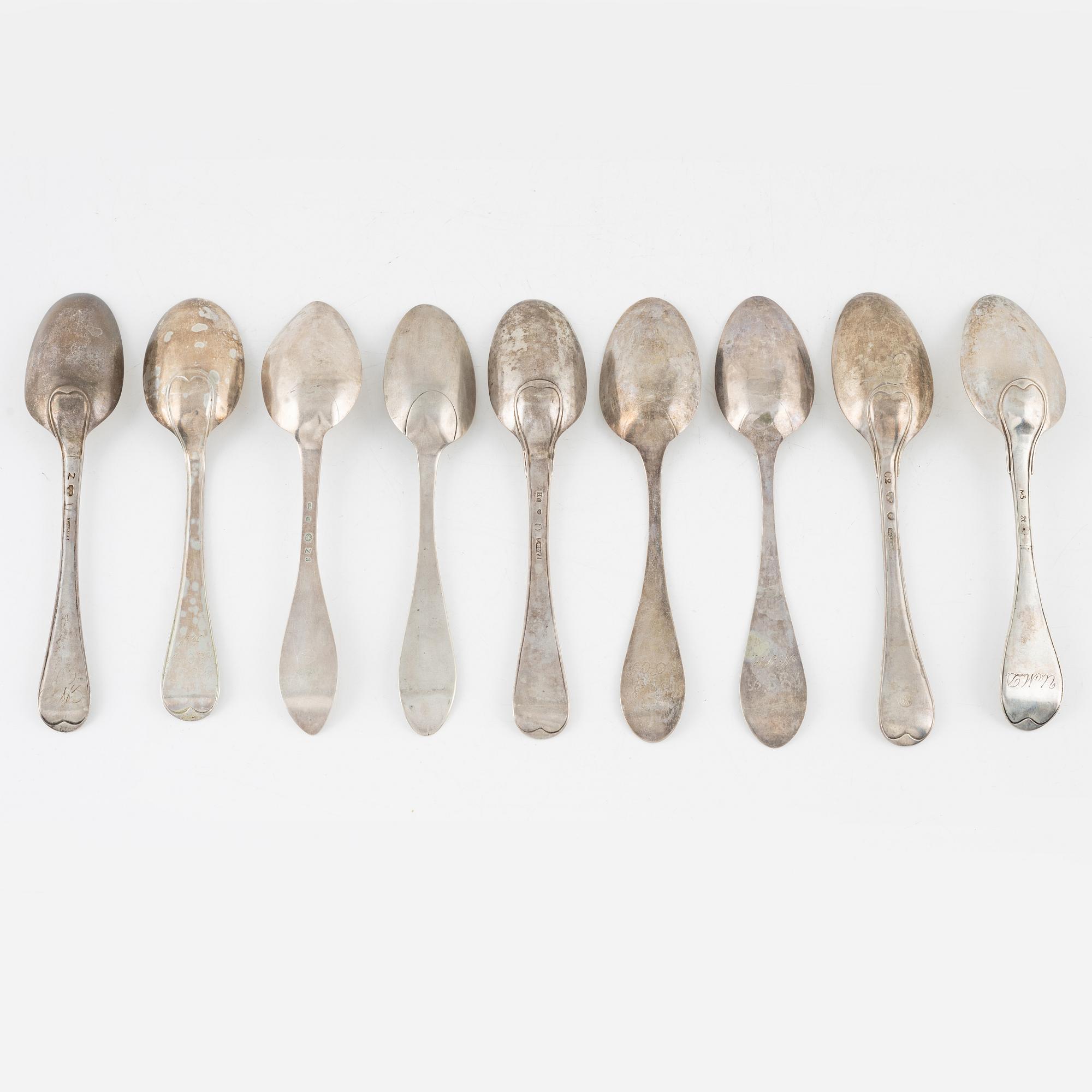 Skedar, 9 st, silver, Sverige 1700-1800-tal.