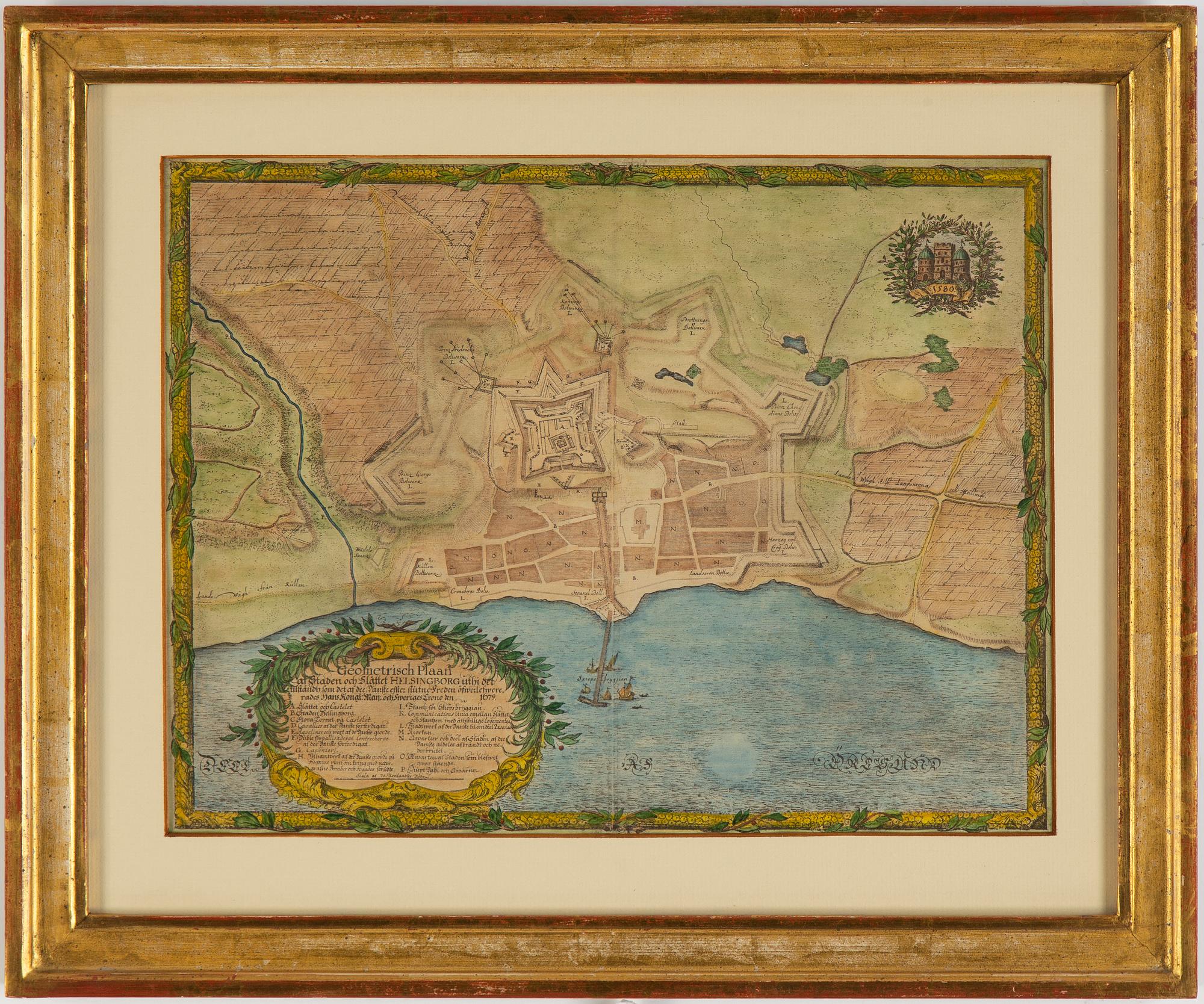 Erik Dahlbergh, after, coloured engravings, maps over Helsingborg and Landskrona, daterad 1679. Printed 1922.