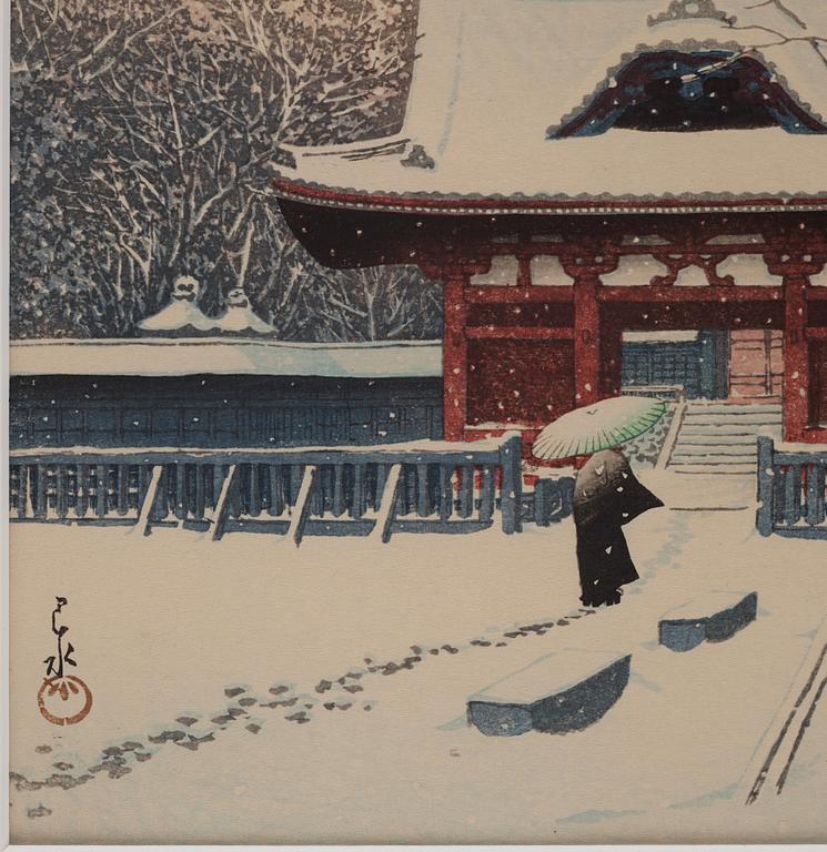 Kawase Bunjiro Hasui, Kawase Bunjiro Hasui, färgträsnitt, Snow at Shiba Park, Tokyo (Shiba kôen no yuki).