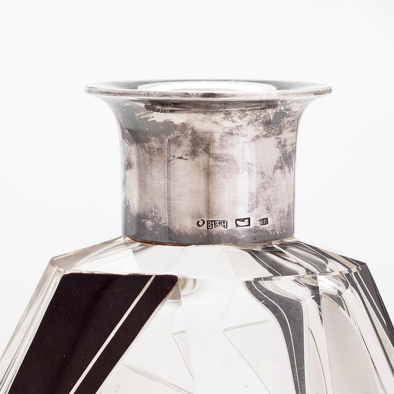 Karaff, glas och silver, stämplad Helsingfors 1937.