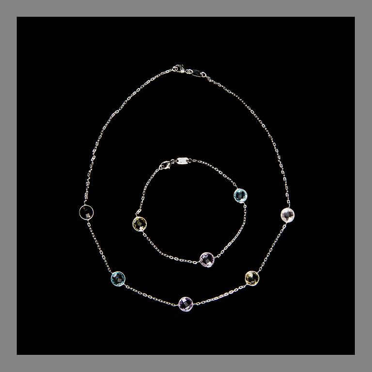 A NECKLACE AND A BRACELET, 18K white gold, topaz, quartz. Weight totally c. 8,3 g.