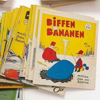 Comic books and fairy tales, a collection including "Lasso", "Biffen & Bananen" and Alga's children's books.