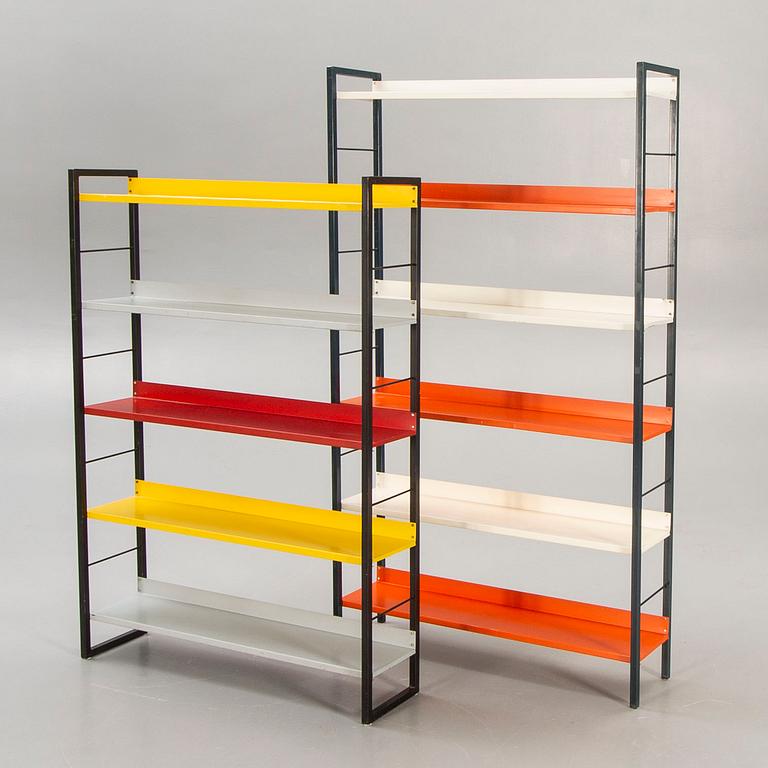 A pair of 1950s Adriaan Dekker lacquered metal book shelves for Tomado Holland.