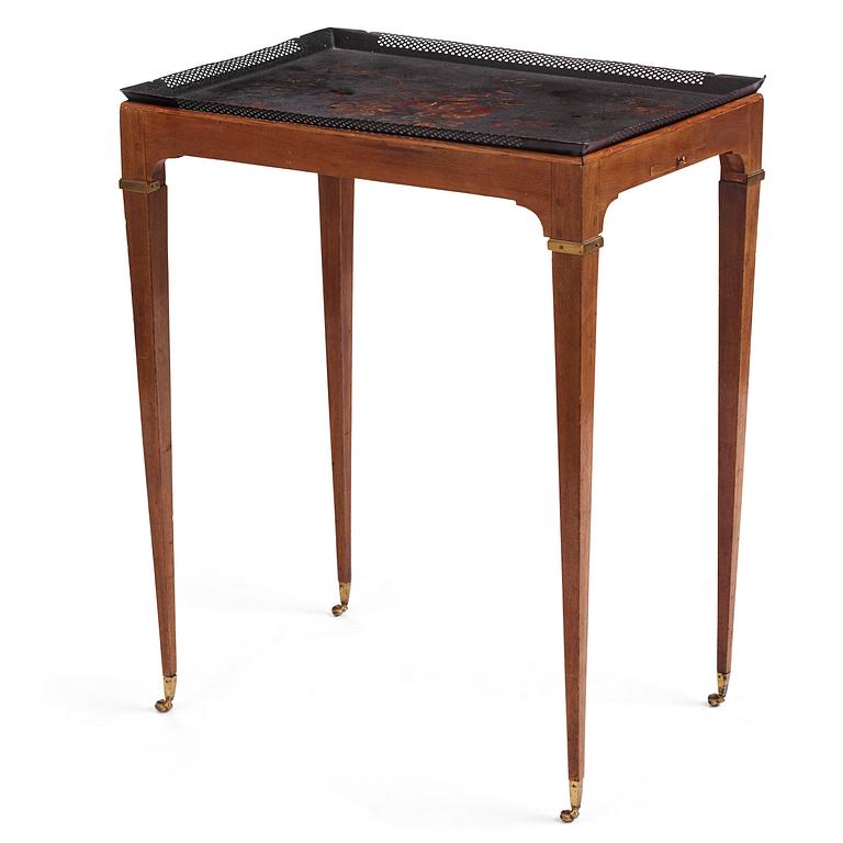 A late Gustavian tôle-peinte and mahogany tray-table from the workshop of Georg Haupt, Stockholm, late 18th century.