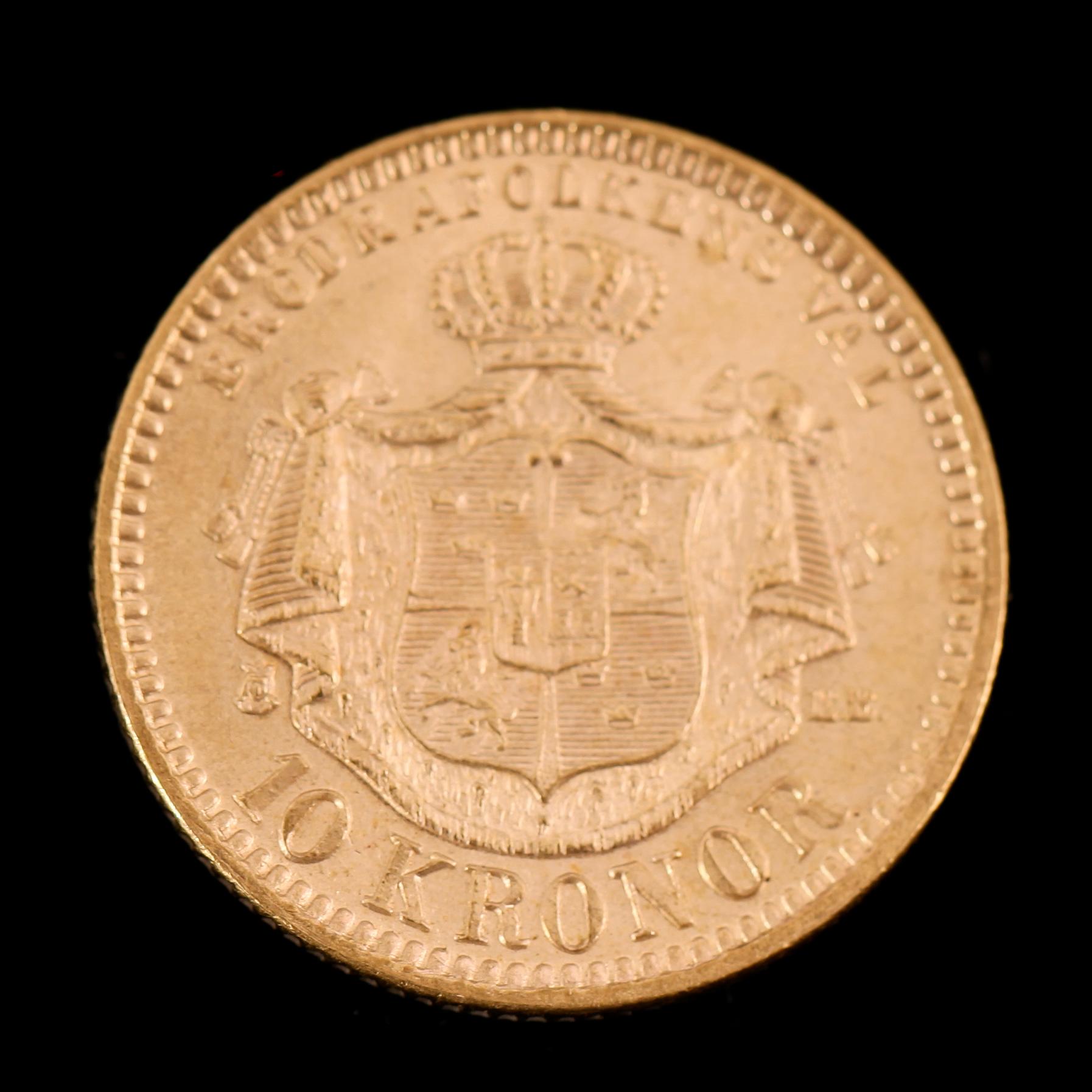 GULDMYNT, 10 kronor, Oscar II, 1894.  Vikt ca 5 gram.