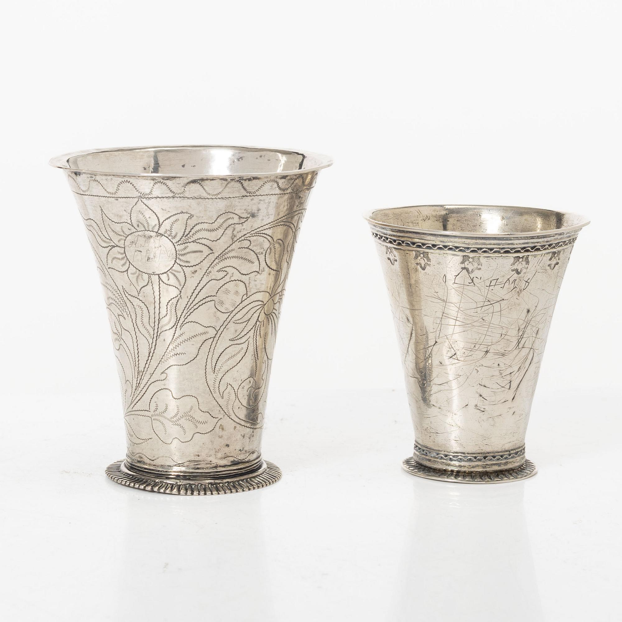 Two Swedish silver 18th Century beakers.
