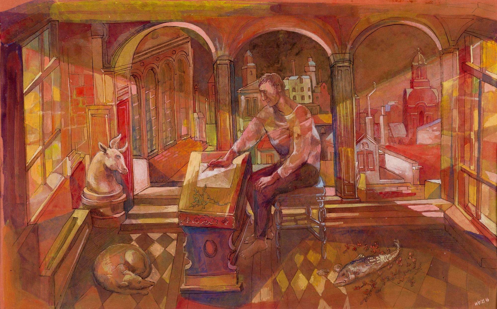 PETER WEISS, mixed media on paper, signed and dated 46.