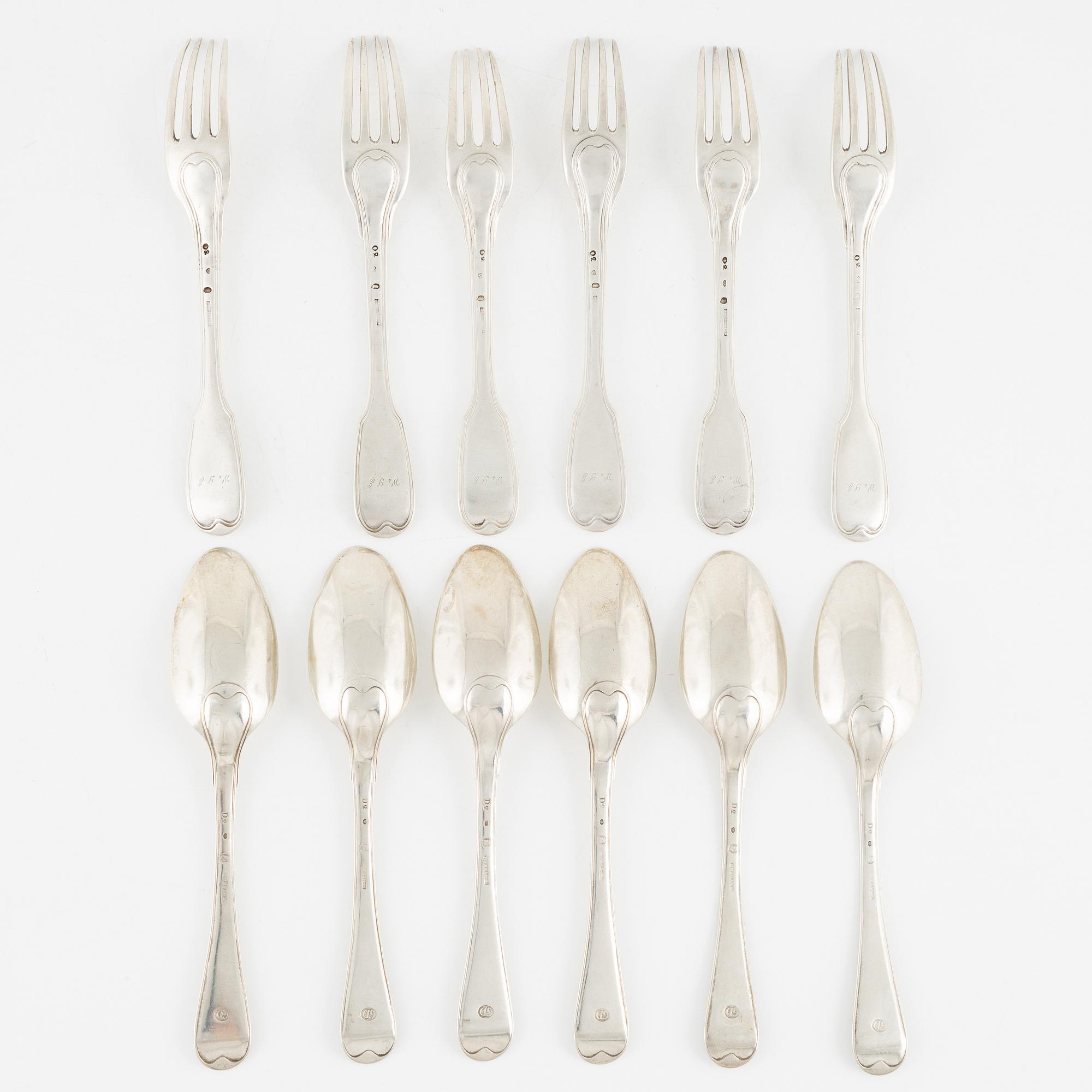 Six forks and six spoons ,silver, Mikael Nyberg Stockholm 1786.