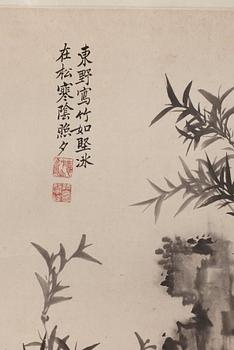 RULLMÅLNING med KALLIGRAFI, bambu och orkidéer, signerad Jie Wen, Qing Dynastin, troligen 1700-tal.