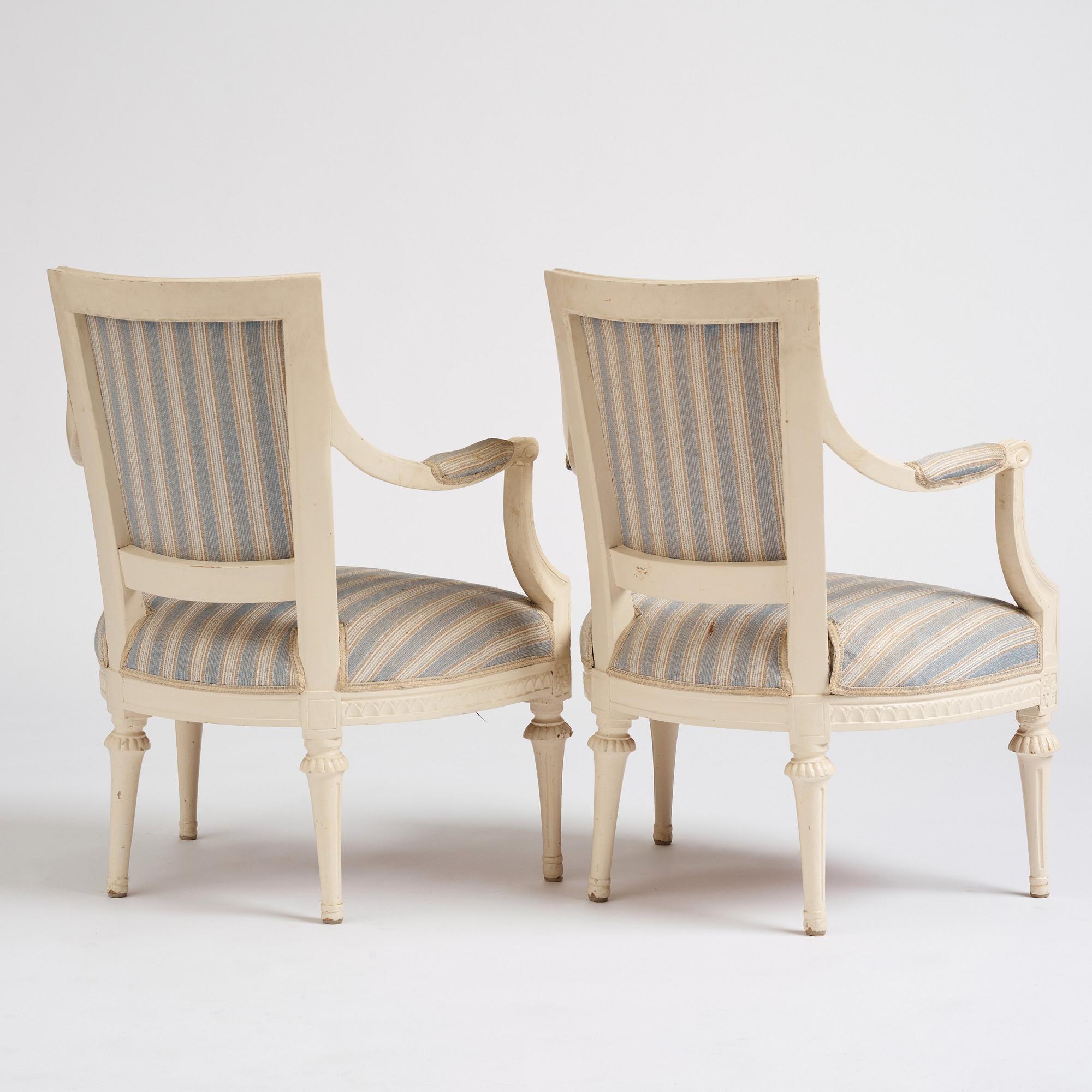 A pair of Gustavian armchairs, second part of the 18th century.
