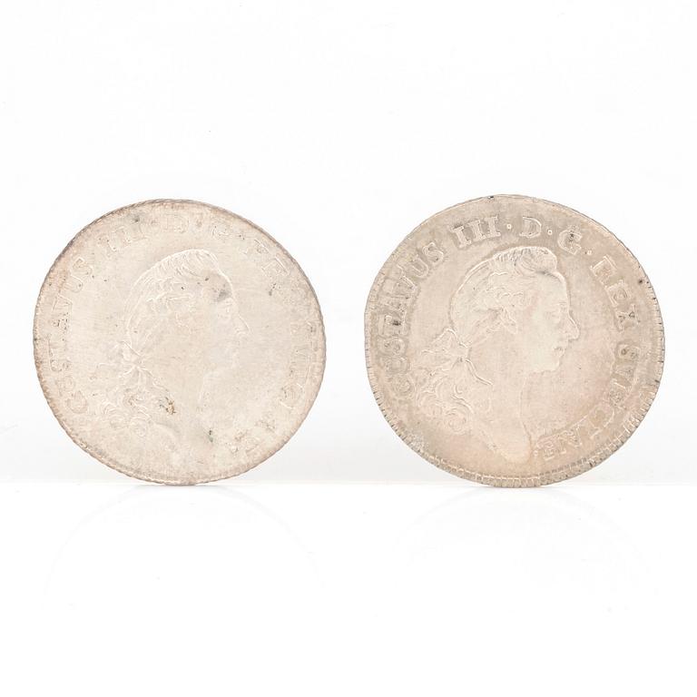 SILVERMYNT, 2 st, 1/3 Riksdaler, Gustav III av Sverige 1784 resp 1787. Vikt tot ca gram.