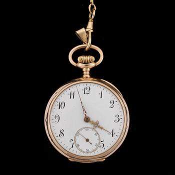 FICKUR OCH KLOCKKEDJA, 18k guld, Omega, omkring 1900. Vikt 47g resp 11,7g.