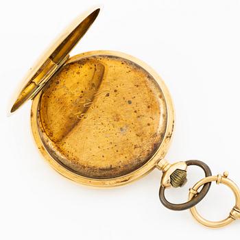 Pocket watch, hunter, 18K gold, chain 18K gold, 55 mm.