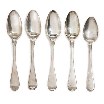 Five Swedish silver tablespoons, Stockholm, 1800–1825.
