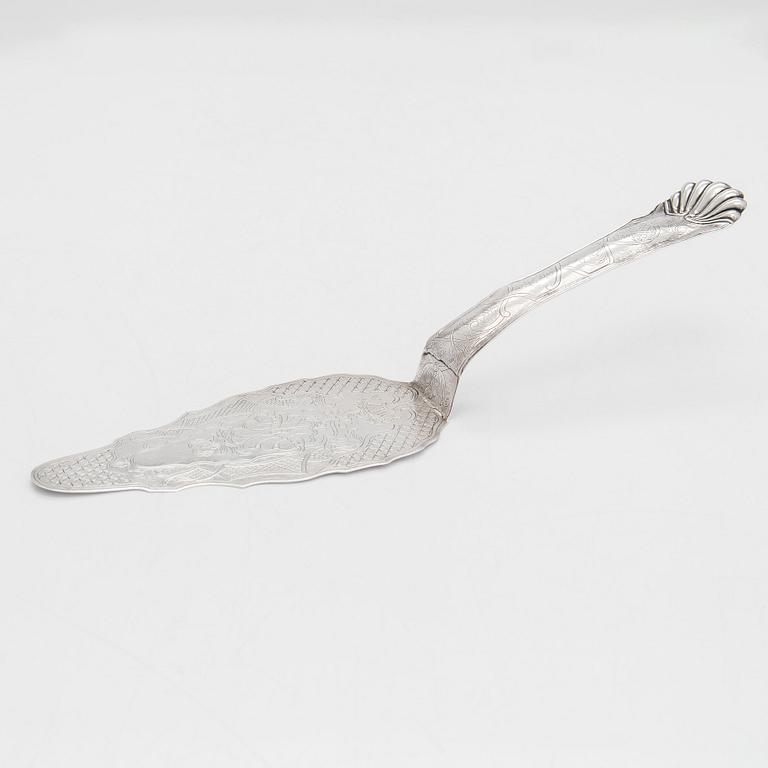 Cream jug, cake server, and sugar tongs in silver, Finland from latter part of the 18th century to 1854.
