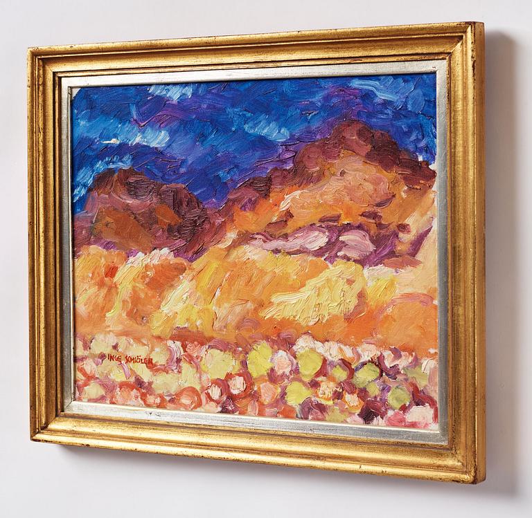 Inge Schiöler, Landscape under a dark blue sky.