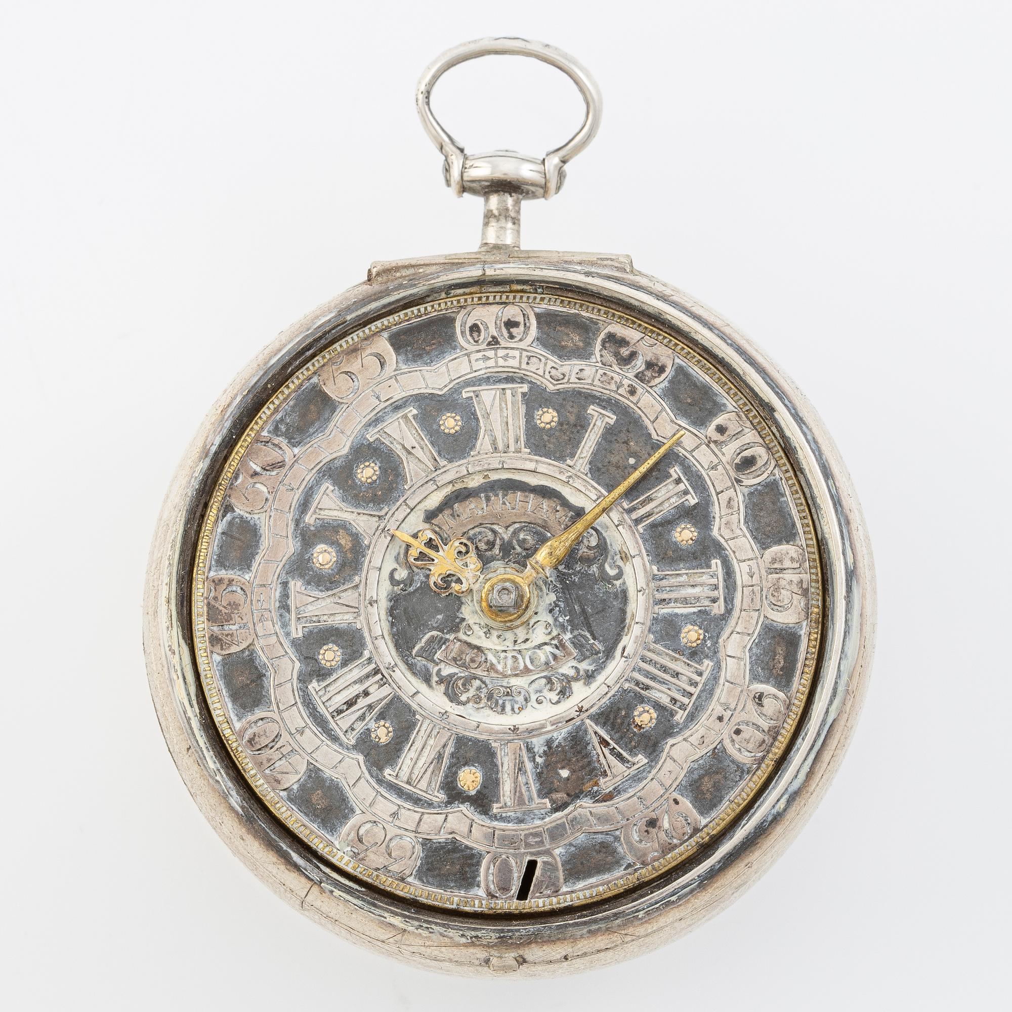 A silver double-case pocket watch by Robert Markham (watchmaker in London c 1725).