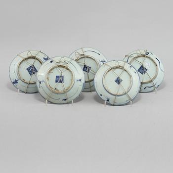 ASSIETTER, 5 st, porslin, Kina, 1700/1800-tal.