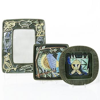 Lisa Larson, a stoneware mirror, wall relief and ashtray,  Gustavsberg.