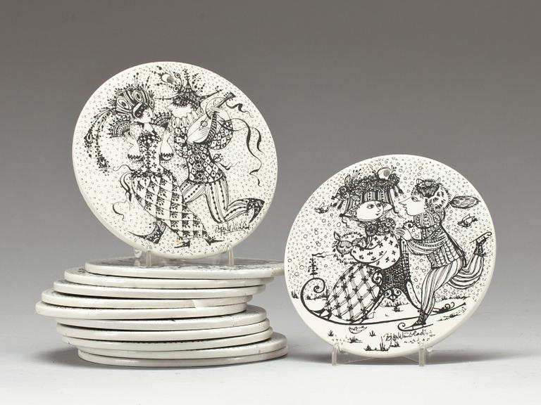 VÄGGPLAKETTER, 12 st, flintgods, Björn Wiinblad, Nymölle, Danmark. 1900-tal.