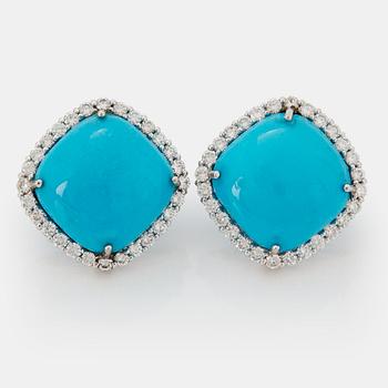 1069. A pair of 18K white gold and turquosie earrings set with round brilliant-cut diamonds.