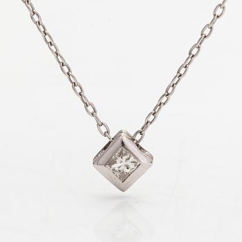 A platinum necklace with a 0.12 ct princess cut diamond.
