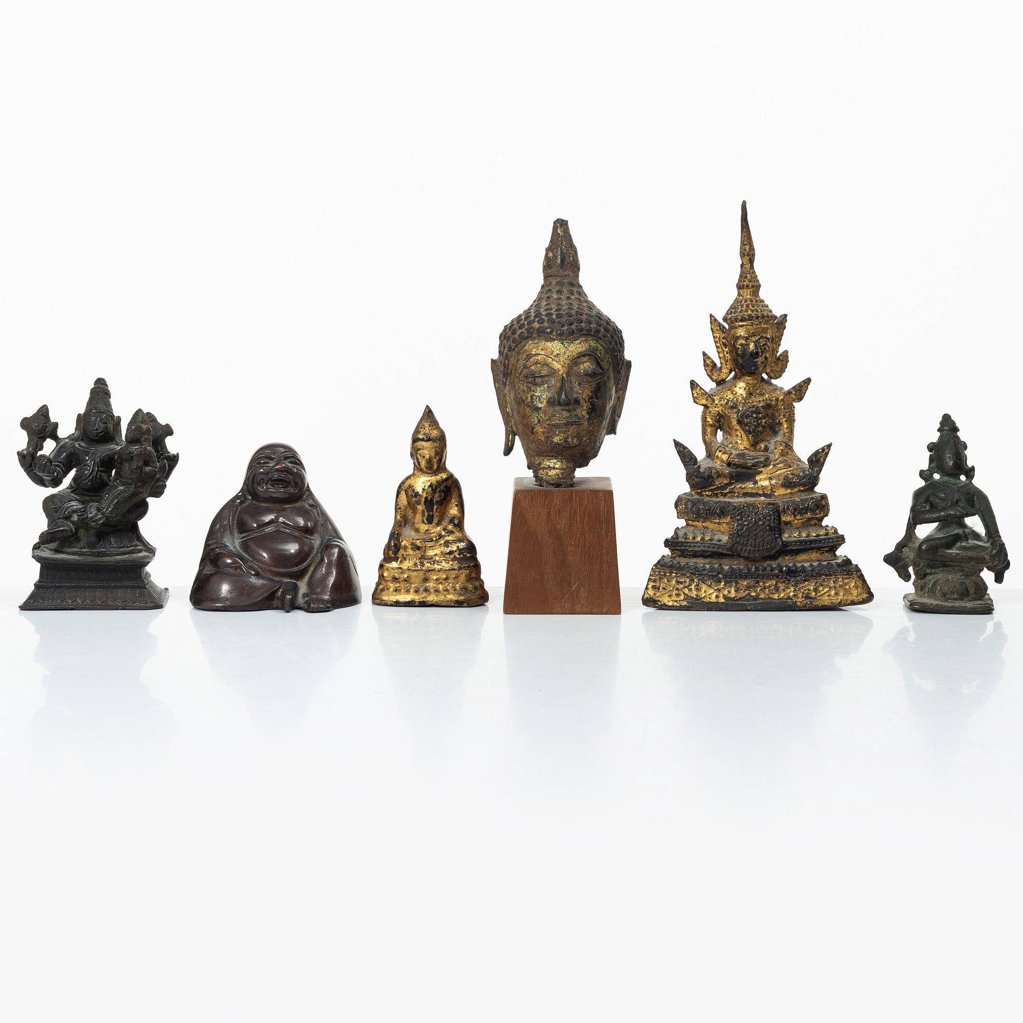 A group of six bronze figures of Buddha, Thailand and India. 18/20th century.