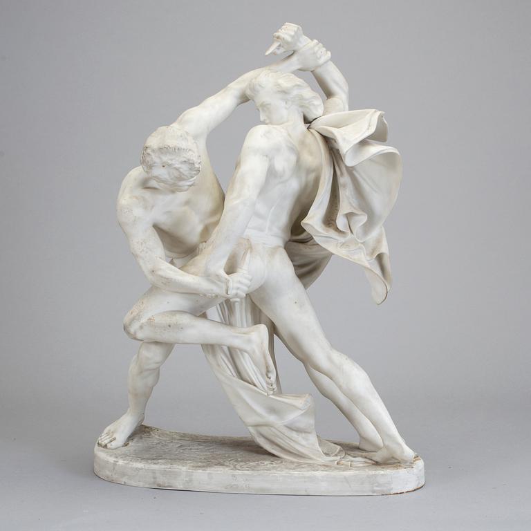 SKULPTUR, parian, "Bältesspännarna", Gustavsberg, efter J.P Molin, 1903.