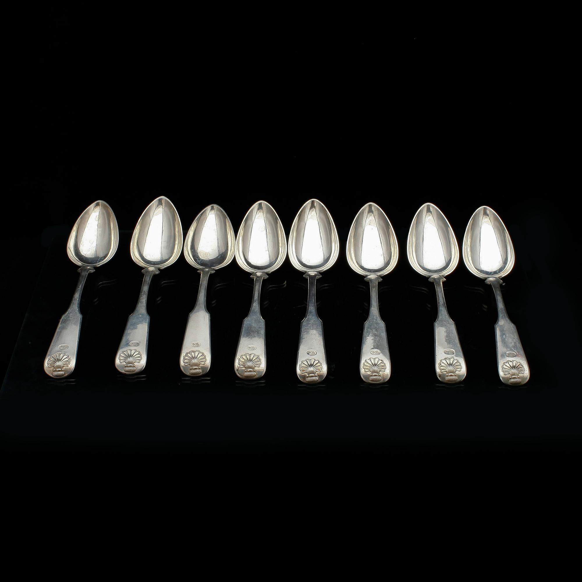 SKEDAR, 8 st, silver, Fredrik Strömsten, Helsingfors, Finland, 1842. Vikt ca 531.