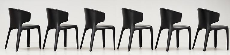 A set of six Hannes Wettstein 'Hola' black leather chairs, model 367, Cassina, Italy.