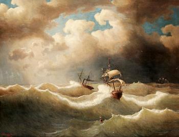 306. Marcus Larsson, Marine with troubled sea with a sailing ship and a steamer.