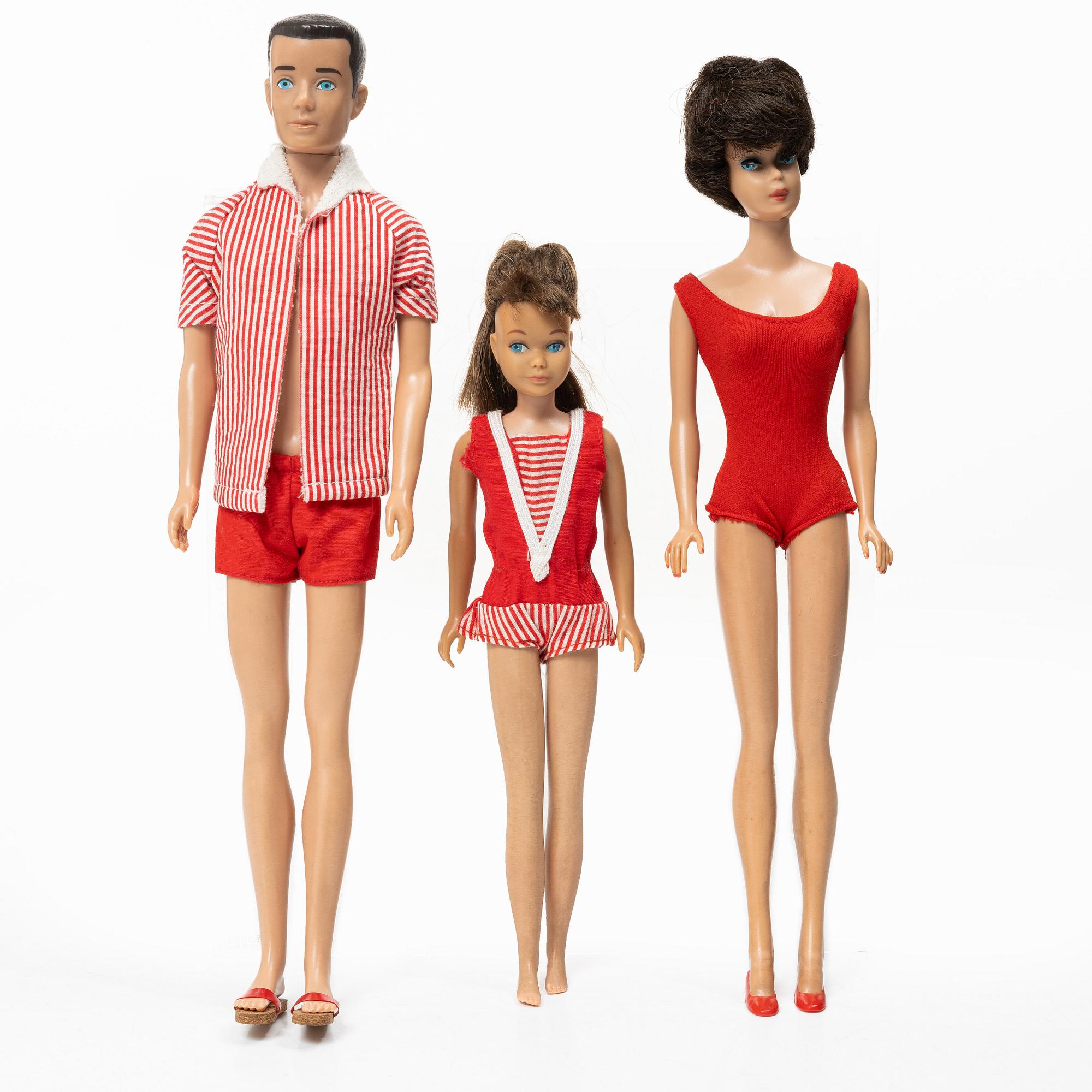 Barbiedockor, 3 st, "Barbie Bubble cut", "Skipper" & "Ken", Mattel, 1960-tal.