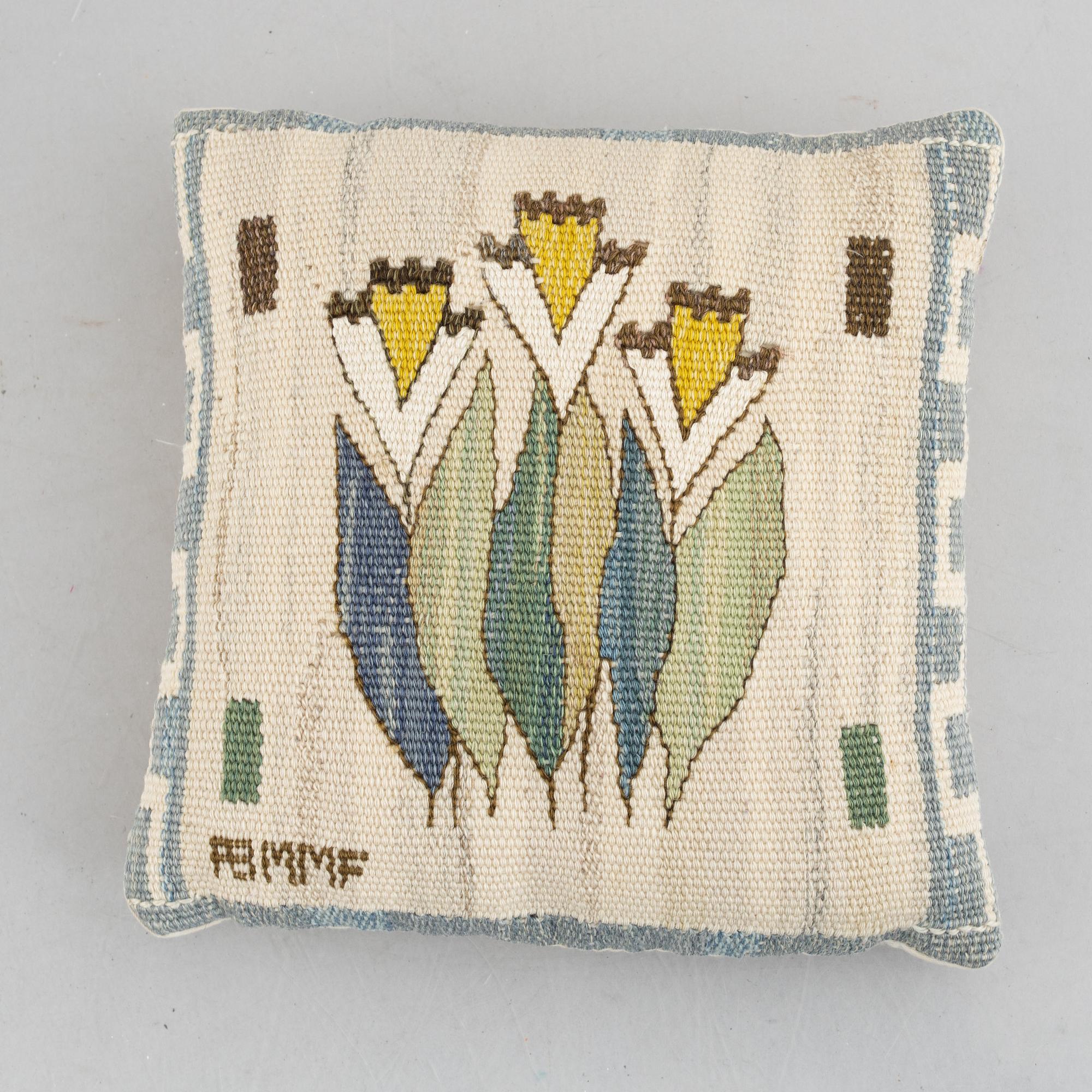 Märta Måås-Fjetterström, a tapestry weave textile/cushion, 'Blomlapp' ('Pingstlilja'), signed AB MMF, Sweden.