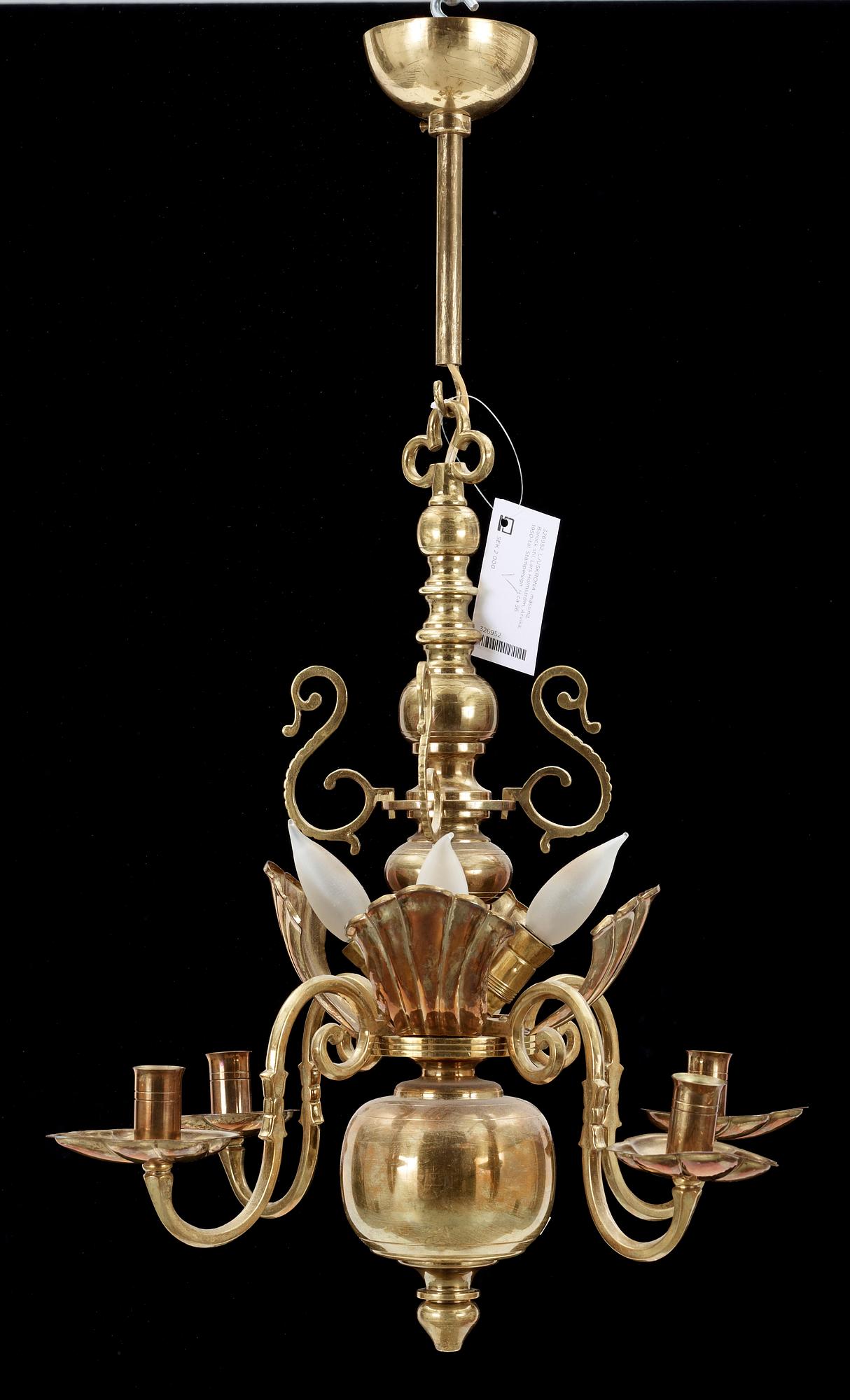 LJUSKRONA, mässing, barockstil, Lars Holmström, Arvika, 1950-tal. Stämpelsign. H ca 56.
