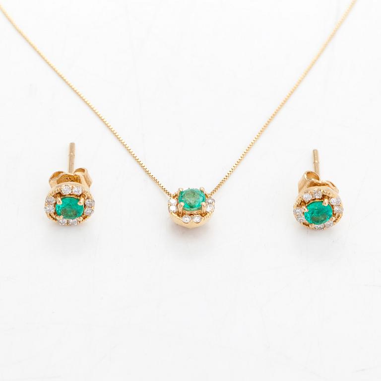 A pair of earrings and a chain ca 18K gold, and a pendant ca 14K gold with emeralds and diamonds ca 0.24 ct in total.