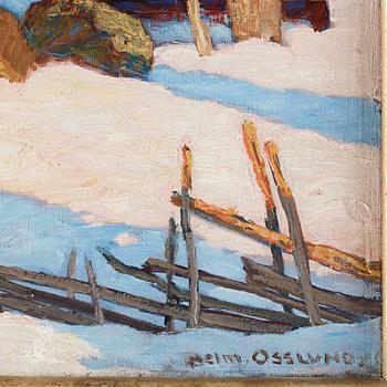 Helmer Osslund, Winter landscape with roundpole fence and red cabin.