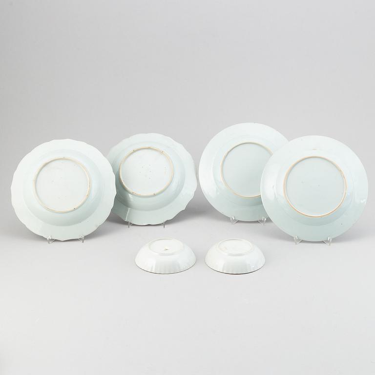 Six blue and white export porcelain dishes, Qing dynasty, Qianlong (1736-95).