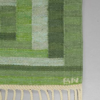 Barbro Nilsson, A CARPET, "Ostia grön", flat weave, ca 234,5 x 141,5 cm, signed AB MMF BN.