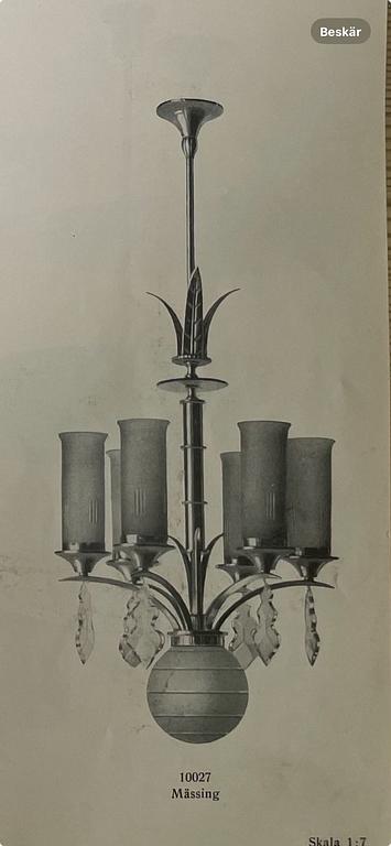 Harald Notini, a pair of chandeliers model "10027", Arvid Böhlmarks Lampfabrik, Stockholm 1930s.