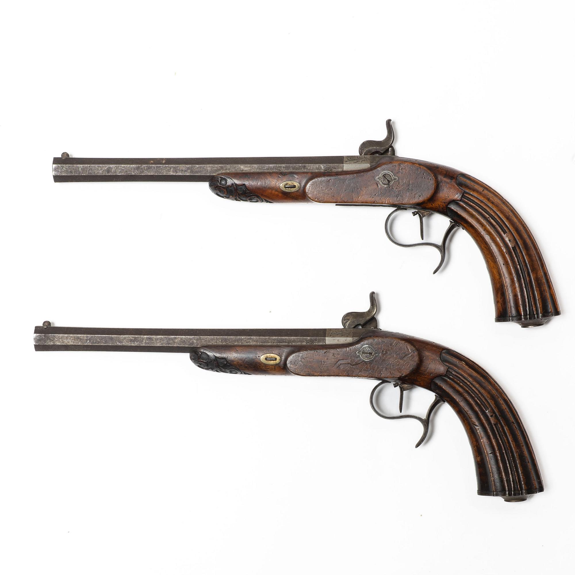 Slaglåspistoler, ett par, belgiska, 1800-talets första hälft.