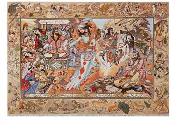 A Tabriz carpet, part silk, 50 raj, figural, c. 297 x 203 cm.