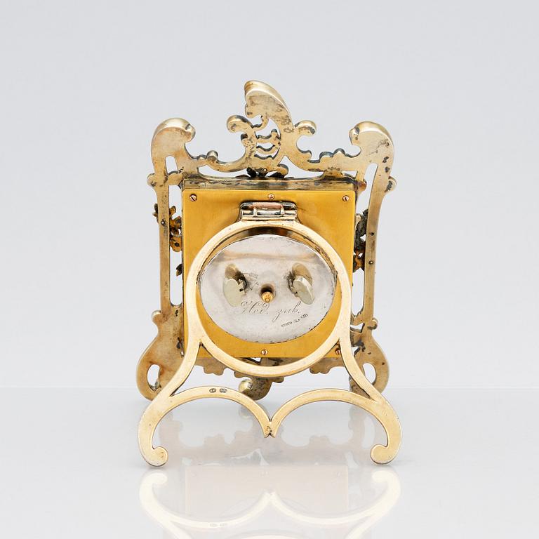 A Fabergé, Nobel family, jewelled, silver-gilt, guilloché enamel desk clock, workmaster Michael Perchin, St Petersburg.