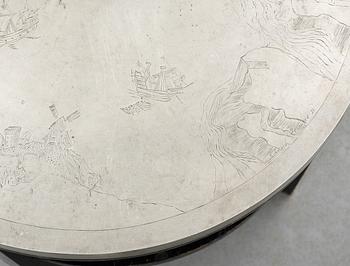 A Björn Trägårdh table with an engraved  pewter top by Roland Kempe 1931,