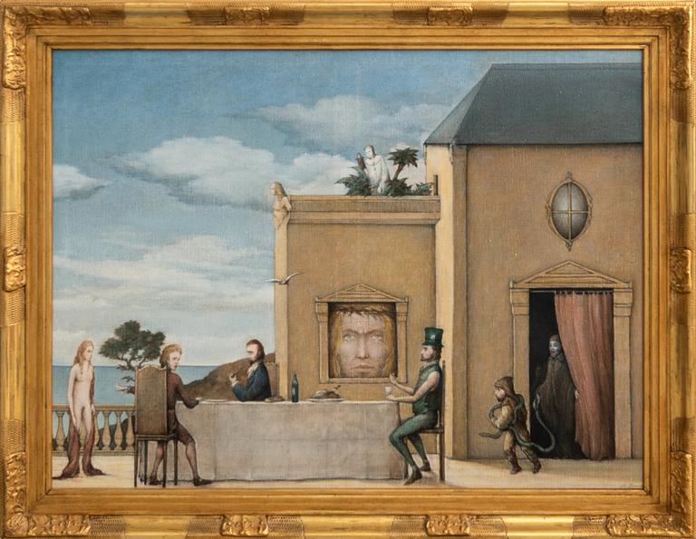 Unknown artist 20th century, Surrealist landscape with figures and buildings.