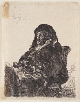 Rembrandt Harmensz van Rijn, efter, "Rembrandt's mother in widows dress, black gloves", troligen 1700-tal.
