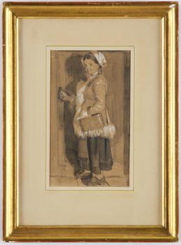 Anders Zorn, "Orsakulla vid dörr med korg på armen".