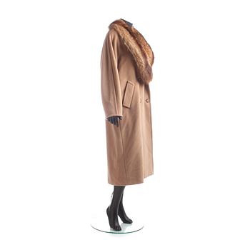 MAX MARA, a beige wool and cashmere coat with removable fur collar.