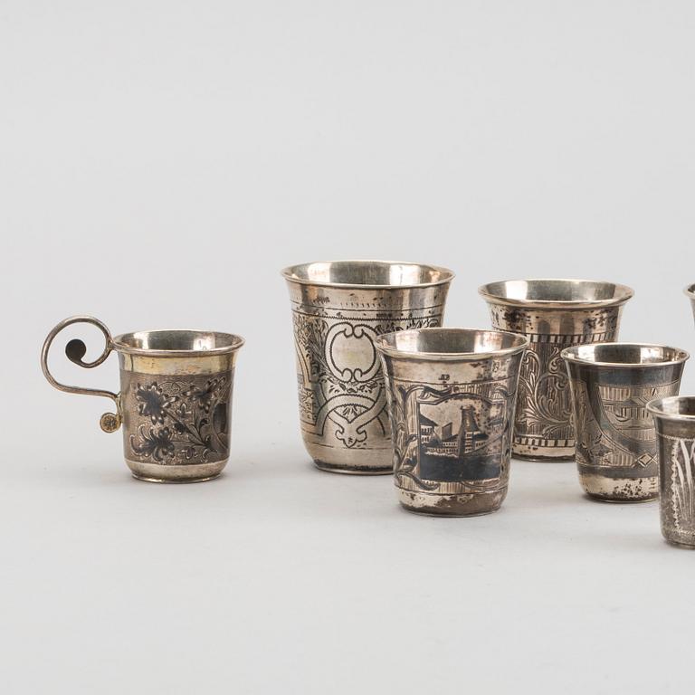 A set of nine different Russian silver vodka beakers 19th century, weight ca 327 gr.