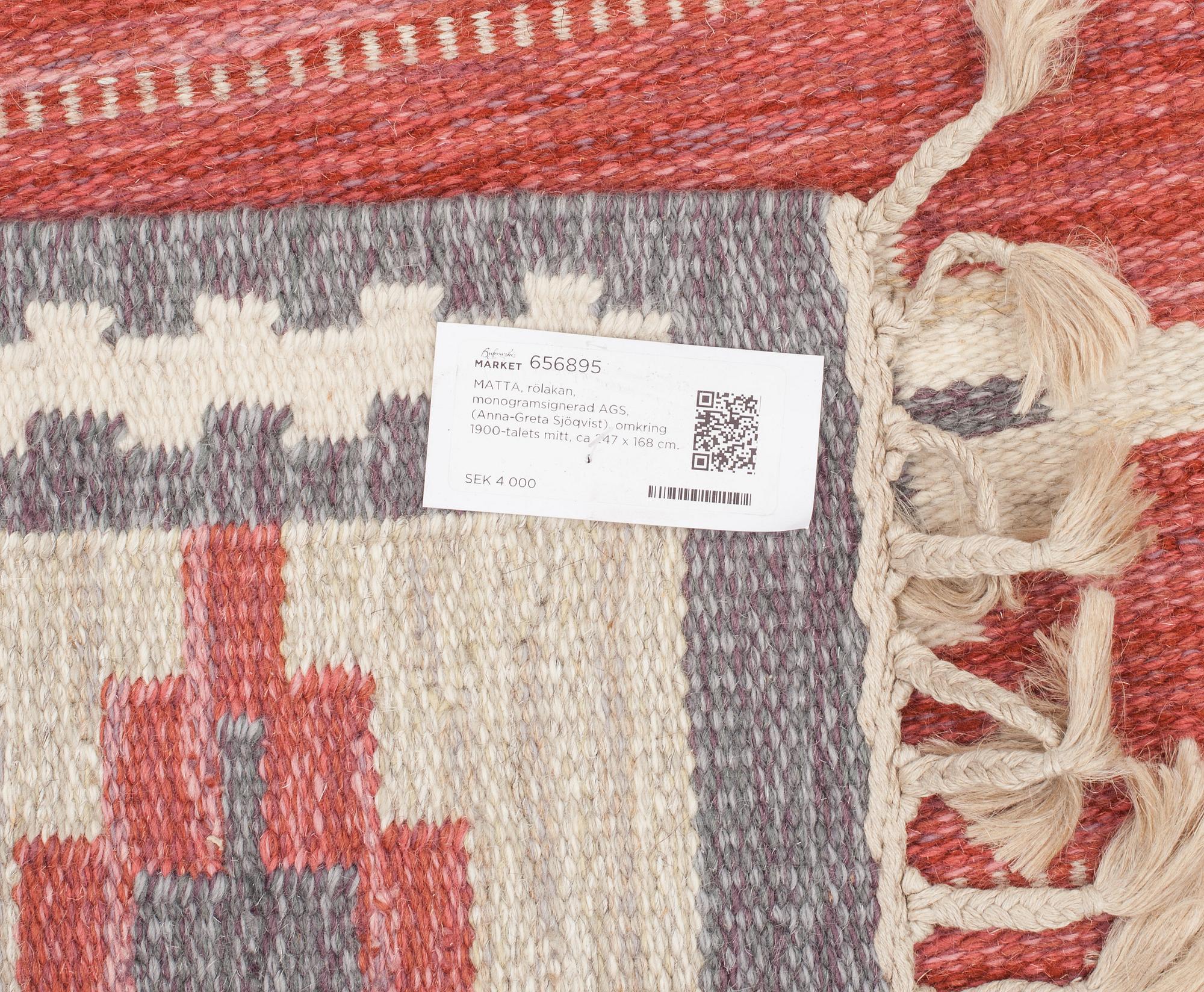 MATTA, rölakan, monogramsignerad AGS, (Anna-Greta Sjöqvist), omkring 1900-talets mitt, ca 247 x 168 cm.
