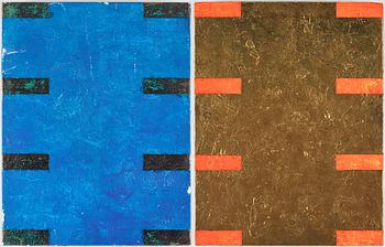 Gordon Hart, signed and dated 1984 on verso. Diptych. Gesso, silver leaf and metal leaf on panel.